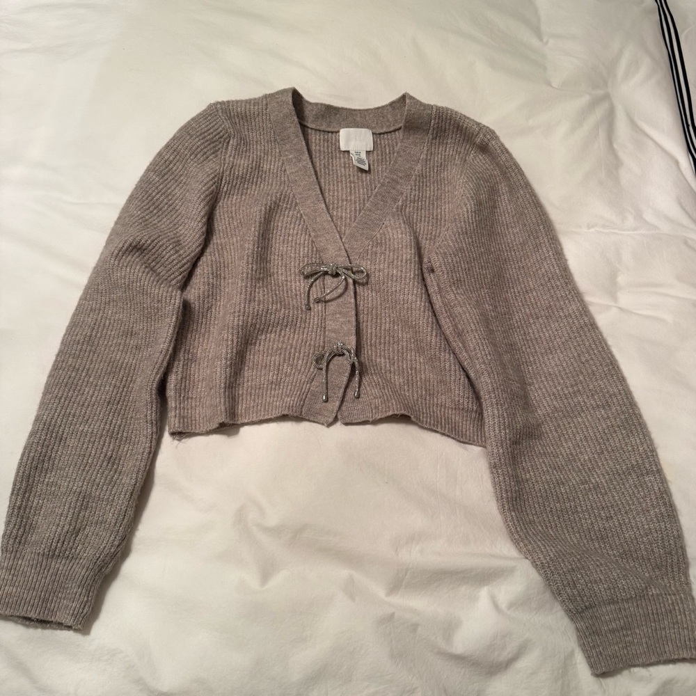 H&M Oatmeal Cardigan with Rhinestone Bow Accents, XS